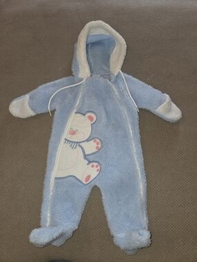 Vintage USA Cuddle Time Hooded Pram Snow Suit Bear Fuzzy Baby 0-6 Months blue &